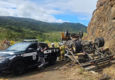 Caminhão tomba na BR-634 e deixa dois mortos e animais mortos