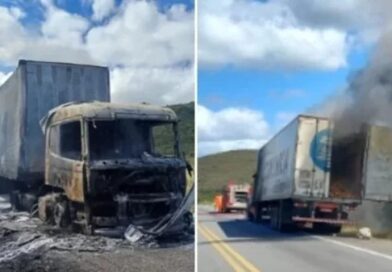 Carreta pega fogo e bloqueia BR-116 em Jequié