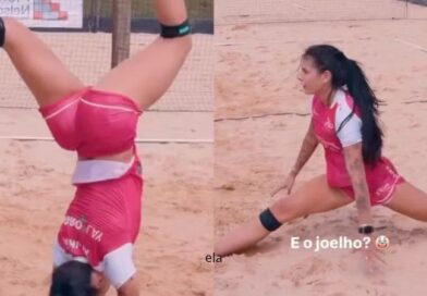 De boiadeira a ginasta! Ana Castela surpreende ao mandar mortal e espacate em partida de futevôlei